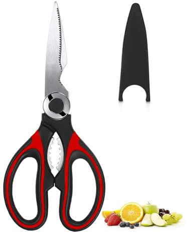 JANGII Kitchen Scissors Sharp Heavy Duty Kitchen Scissors Stainless Steel Multipurpose Utility Scissor Kitchen Shears for Chicken Meat Scissors UK Dishwasher Safe (1X Red Black)