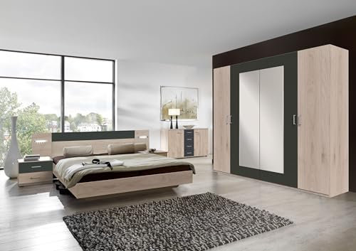 möbelando Komplettschlafzimmer >Angie< in Hickory Oak + Graphit - 499x208x210cm (BxHxT)