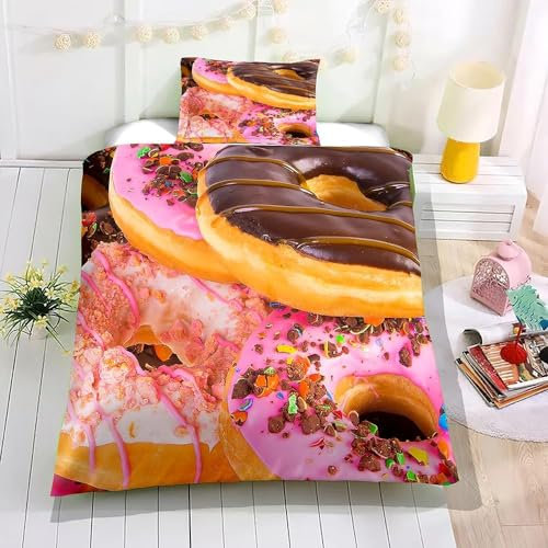 Copripiumino 160x200 Ciambelle Stampa 3D Set Copripiumino Ciambelle Morbido Microfibra Biancheria da Letto Ciambelle, Copripiumone con 2 Federe con Cerniera F2048