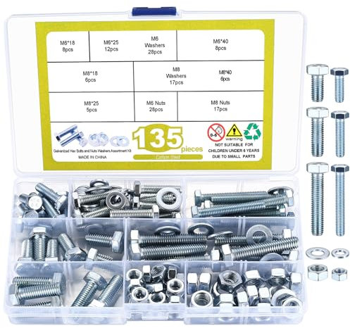 QJKEJI 135 Pezzi M6 M8 Viti Bulloni e Dadi e Rondelle Set, Viti bulloni e dadi a Testa Esagonale, Viti e Dadii Set, Bullonis e Dadi con Testa esagonale, Bulloni a Esagonale Meccanici e dadii