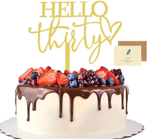 SwirlColor 30th Birthday Cake Topper, Personalised Hello Thirty Cake Topper Gold Acrylic 30th Birthday Decorations with A Congratulation Card