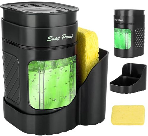 Spülmittelspender Küche Set, 3 in 1 Seifenspender Set mit Tablett und Schwammhalter,Waschmittel Wiederbefüllbar,Geeignet für Küchenspüle