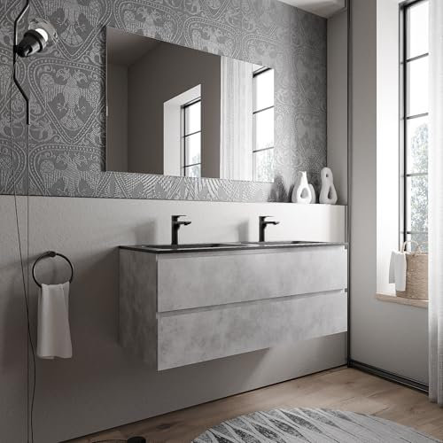 BERNSTEIN Badmöbel-Set AVA 120cm bestehend aus Mineralguss-Doppel-Waschbecken mit Unterschrank in Beton, Waschtisch Bruxelles - Schwarz matt mit Hahnloch, Ideal für große Bäder
