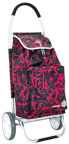Carro de la Compra Plegable Carrito de Mercado en Aluminio Super Ligero 50L litros, Bolsa Impermeable + Bolsa isotérmica, Subir y Bajar escaleras (Rojo Estampado)