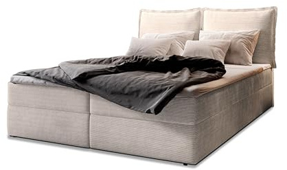Masseno Boxspringbett LENTE 160x200 cm Komplett-Set mit Matratze und Topper, Polsterbett mit Zwei Bettkästen -Creme, Lincoln 03