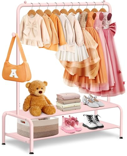mirolam Childrens Clothes Rail - Kids Clothes Rail - Dressing Up Rail for Kids - Mini Freestanding Coat Rack with 2 Fabric Shelves - Small Clothes Rack Garment -Hanging Rails for Clothes