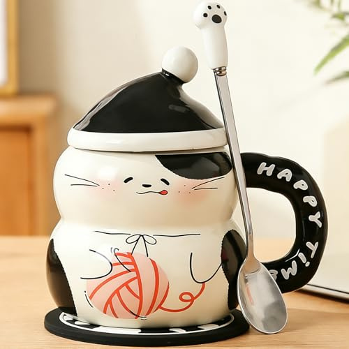 Disoza 400 ml kattmugg med lock Kattmugg Dekorativ present Keramik tekopp Julmugg Födelsedagspresent Kattmugg 3D kaffekopp för män, bröder, vänner, kvinnor, flickvänner