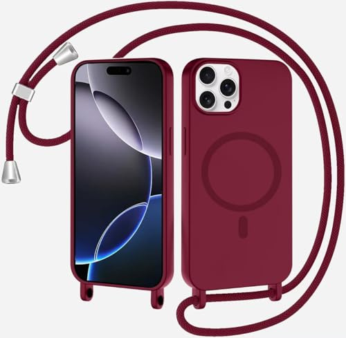 SLWYF Magnetische Handykette für iPhone 16 Pro Max Hülle mit Band, Handyhülle Kompatibel mit MagSafe, Silikon Seil Necklace Handyhülle PU Stoßfest mit Abnehmbar Kordel zum Umhängen Case - Rot