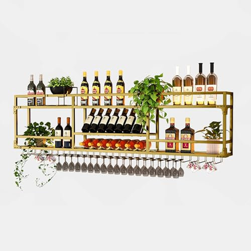 ZYYLIVR Weinregal Wand Mit LED-Licht, Flaschenregal Mit Glashalter, Weinhalter Metall Hängend, Bar Regal Wand Aufbewahrungsregal Für Küche Weinkeller Esszimmer(Gold,80cm/31.5in)
