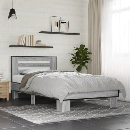 MOBCANT Bettgestell, Polsterbett Seniorenbett Futonbett Bettsystem Geeignet für Schlafzimmer Gästezimmer Wohnungen Schulen Grau Sonoma 75x190 cm Holzwerkstoff und Metall