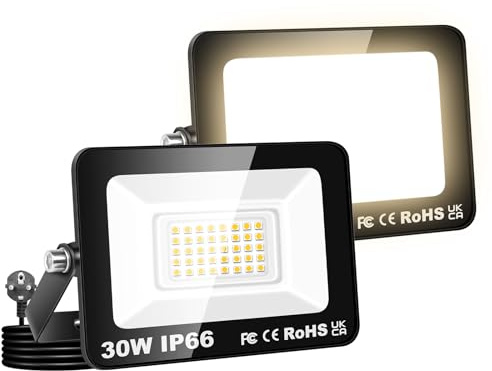 Willpower LED Strahler Außen Innen mit Stecker Fluter 30W 3000K Warmweiß | 2PCS Außenstrahler 3000LM, Flutlicht IP66 Wasserdicht, Scheinwerfer für Garten Garage Flur Terrassen Hof