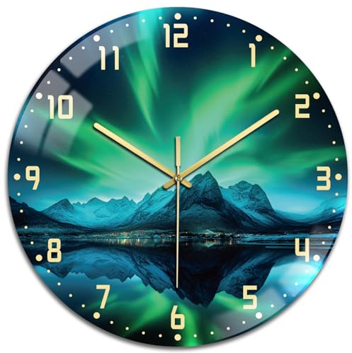 peacoblue Silent Wall Clock 12 Inch Aurora Landscape Living Room Kitchen | Non Ticking, Battery Operated, Glass Round Wall Clock Unusual Design For Bedroom,Bathroom,lounge,Dining Room,Office Decor