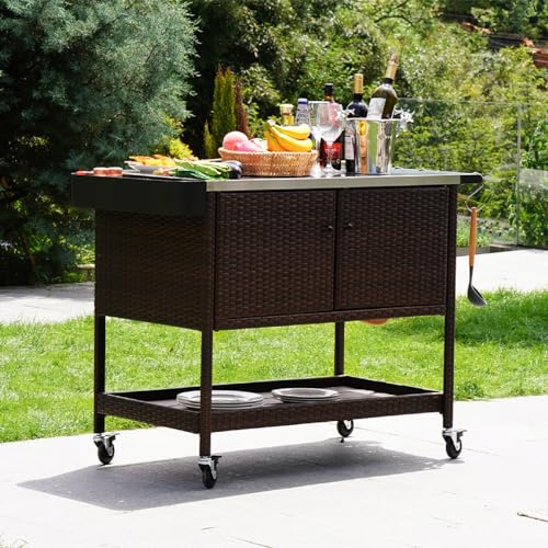 Grand patio Outdoor Bar Cart, Patio Storage Cabinet with Stainless Steel Top & Lockable Wheels, Kitchen Island Table Grill Cart for Outside Backyard Garden, Brown