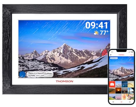 THOMSON 10.1 Inch WiFi Digital Picture Frame, 1280x800 HD IPS Touch Screen Digital Photo Frame with 32 GB, Auto-Rotate, Slideshow, Share Photos/Videos from Phone by App (Wood)