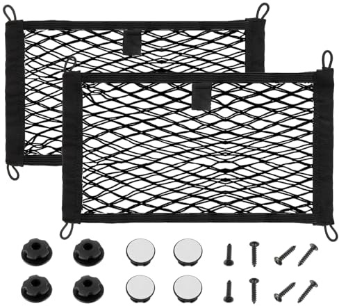 JAMHER 55x25cm Universal Mesh Cargo Net Elastic String Net Mesh Net Pouch Double Layer Cargo Net with Screws & Hooks for Trunk RV Boats Home Cargo Storage – keeps items Organized(2 Pack)