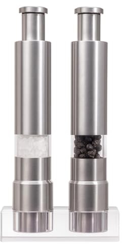 Salt and Pepper Grinder Set, Pump & Grind Peppermill, 2 Refillable Stainless Steel Mills with Thumb Press, One-Handed Salt and Pepper Grinder with Clear Acrylic Stand for Kitchen and Dining