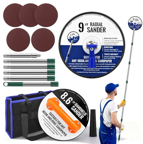 Pole Sander for Drywall, 89 Inch Manual Hand Drywall Sander with Extension Pole, Bag, 360 Circular Radial Hand Sander for Painting Projects with 5pcs Sanding Discs (80, 100, 120, 180, 240 Grit)