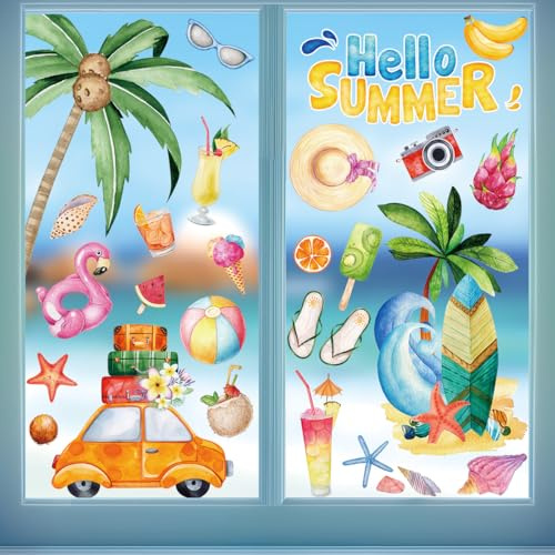 Adesivi Per Finestre Estivi Hianjoo, 4 Fogli Hello Summer, Pellicole Per Finestre Grandi, Doppio Hawaiano Con Cocco, Tavola Da Surf E Gelato Per Decorazioni Domestiche