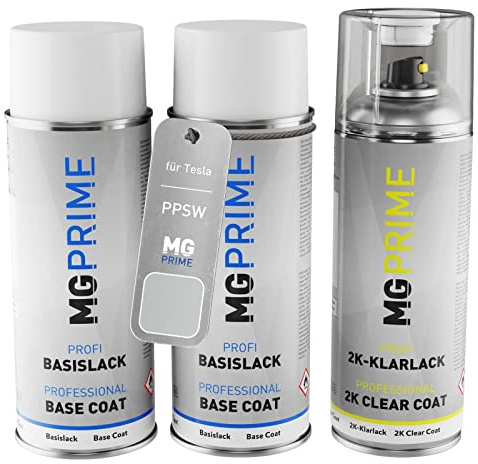MG PRIME Autolack Spraydosen für Tesla PPSW White Water Pearl + 2K-Klarlack | Pearl White Multi-Coat, Set aus Grundlack + Basislack + 2K Klarlack, Sprühdosen 400ml