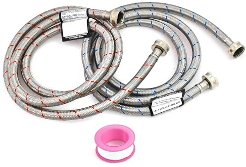 Set of Hot and Cold Stainless Steel Washing Machine Hoses Burst Proof, 6ft Long - Water Supply Lines for Washing Machines (6 Ft)