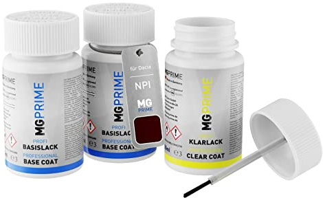 MG PRIME Autolack Lackstifte für Dacia NPI Rouge Fusion Metallic + Klarlack | Kalahari-Rot Metallic, Set aus Grundlack + Basislack + Klarlack, Lackfläschchen mit Pinsel, je 50ml