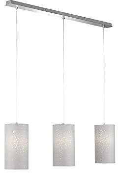Fischer & Honsel Pendelleuchte Thor, 3-flammig, Hängelampe 3xE27-Fassung max. 40 Watt, Pendellampe mit Stoff-Lampenschirm & Dekor, Chromfarben & Grau, 110x16x150cm
