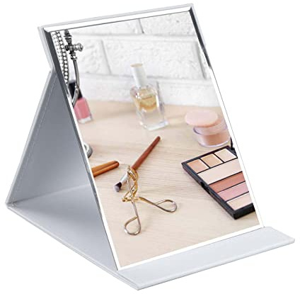 ZBEIVAN Tragbarer Faltbarer Make-up-Spiegel, rahmenloser PU-Leder-Schreibtischspiegel mit Ständer für Camping, Reisetisch, persönlich, 25,4 x 17,8 cm, Weiß