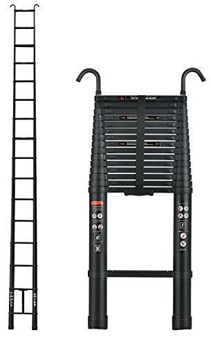6,2M Alu Teleskopleiter Ausziehbare Leiter Treppenleiter Haushaltsleiter mit Abnehmbarem Haken für Wohnmobil/Dachzelt/Dachboden, Anlegeleiter Sicherheitsleiter, 150kg Belastbarkeit(Schwarz)