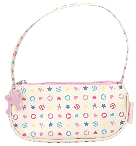 Depesche 11224 TOPModel Bling Bling - Kleine Handtasche in Weiß und mehrfarbigem Icon-Muster, Täschchen mit einem Hauptfach und pinkem Hunde-Anhänger am Reißverschluss