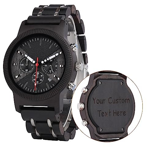 LMWOOD Holzuhr für Herren Personalisierte Uhr mit Gravur Ebenholz Armbanduhr Chronograph Quarzwerk und Datumsanzeige