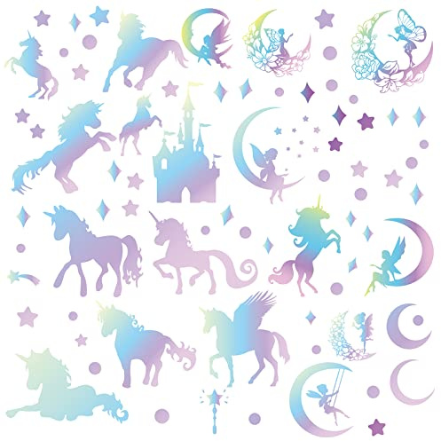 CREATCABIN Wandtattoo Einhorn Im Dunkeln Wachsen Regenbogenschloss Leuchtender Mond Sterne Wandaufkleber Geist Leuchtende Blumenfee Selbstklebende Entfernbare Dekoration Für Schlafzimmer Kinderzimmer