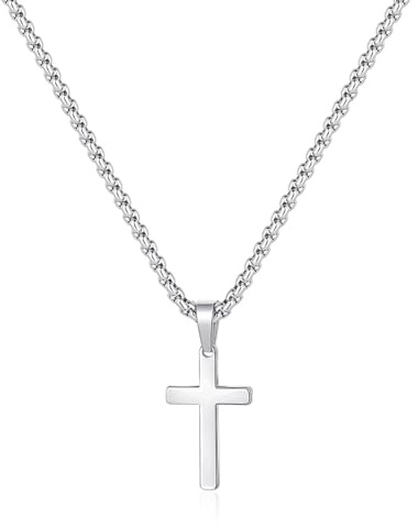 TINGN Kreuz Kette Herren, Silber Kette mit Kreuz Anhänger Figarokette Halskette Herren Kreuz Tauf Geschenke Jungen Mann Frauen Sohn Kinder Mama Nichte Schwester Schmuck Geschenk 22 Inch