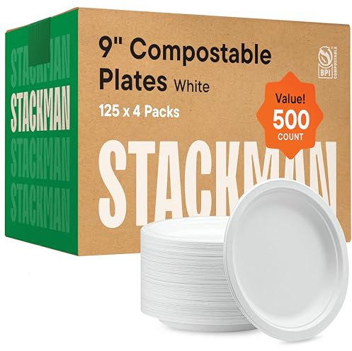 Platos de papel 100 % compostables de 9 pulgadas [500 unidades] platos llanos resistentes, bagazo sin blanquear de color blanco natural, platos de caña de azúcar biodegradables desechables,