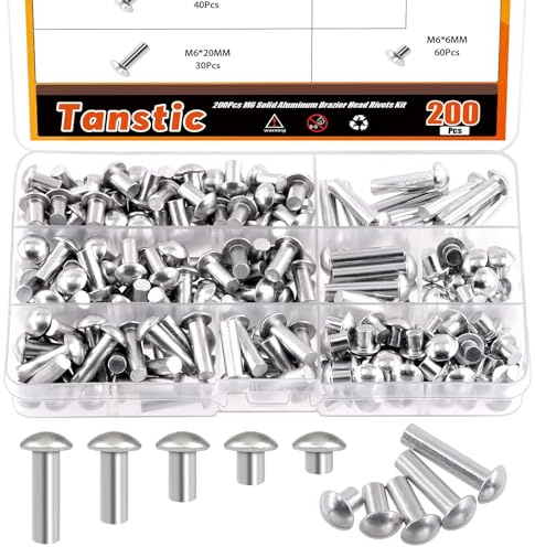 Tanstic 200 remaches M6 de aluminio sólido de cabeza de soldador, remaches de aluminio sólido de 6 mm, 10 mm, 14 mm, 20 mm, 25 mm de longitud, para maquinaria y industria automotriz