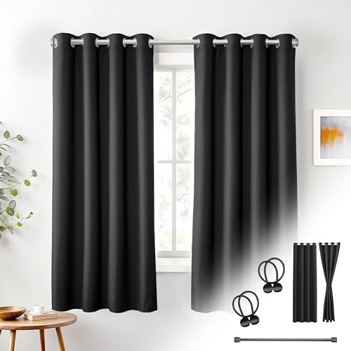 Praktisches Set ohne Bohren: 2x Vorhang + 1x Klemmstange silber 70-120 cm + 2x Raffhalter mit Magnet blickdicht & verdunkelnd, als Raumteiler, Fenster & Tür Schwarz Thermovorhang 175x135cm