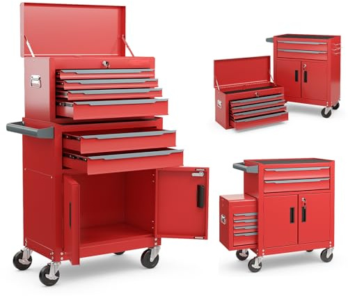 COSTWAY Large Tool Cabinet, Lockable Metal Tool Chest Combo with Detachable Top Cabinet, Wheels, 6 Drawers & Hooks, Heavy-duty Rolling Toolbox Trolley (2-in-1, Red)