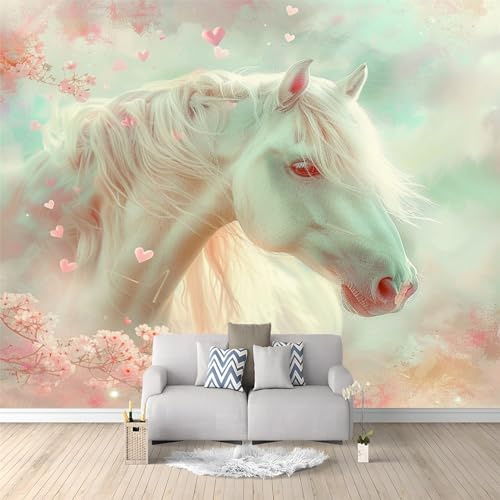 Vlies Fototapete Langhaariges weißes Pferd 3D Effekt 400 x 280 cm - Foto Tapete Schlafzimmer Wohnzimmer Moderne Vliestapete UV-Beständig Wandtapete Motivtapeten Dekoration