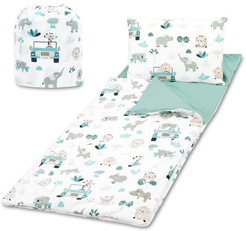 Schlafsack Kinder mit Kissen und Reißverschluss für Baby 3-7 Jahre - 75x140 cm Kinderschlafsack Indoor für Kindertagesstätte Kindergarten Deckenschlafsack Oeko-Tex 75 x 140 Salbeifarbe