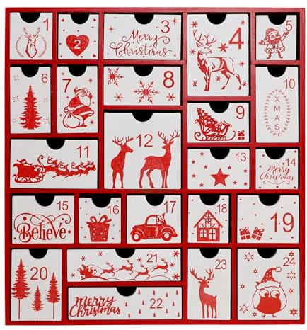 SAND MINE Wooden Christmas Advent Calendar with 24 Drawers, Countdown to Christmas, Refillable Wooden Advent, Red & White