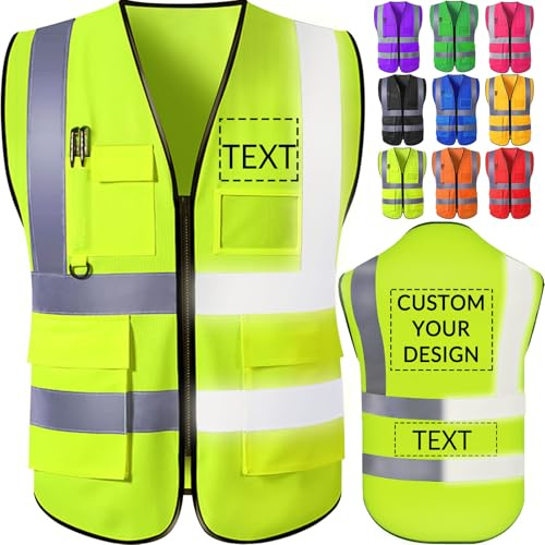 Backquik Gilet de sécurité personnalisé pour homme Gilets réfléchissants haute visibilité avec poches et fermeture éclair Gilet de sécurité personnalisé Personnaliser le texte du logo 2XL