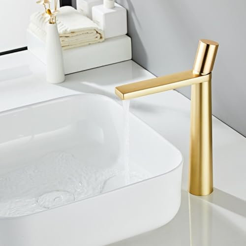 HEBEOT Stilvoller Einloch-Vollkupfer-Wasserhahn heißes und kaltes Wasser für Waschbecken im Badezimmer (goldfarben)