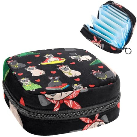 Aufbewahrungstasche für Damenbinden, Menstruationstasse, Tamponbeutel, Periodeneinlagen-Halter, Organizer für Frauen und Mädchen, Mops, Schwarz