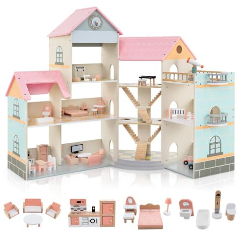 GOPLUS Casa de Muñecas de Esquina, Casa de Muñecas de Madera de 3 Pisos con 7 Habitaciones, 42 Accesorios, Balcón Real, Mansión para Muñecas de 15 cm, Regalo para Niños y Niñas de 3+ (Rosa)