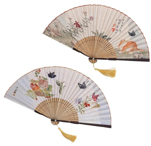 WANYI 2 Stück Fächer Saunafächer Handfächer mit Quasten Faltbare Faltfächer Handfächer Sommer Taschenfächer mit Schmetterlinge Motive für Tanz,Geschenke,Hochzeit(01+02)