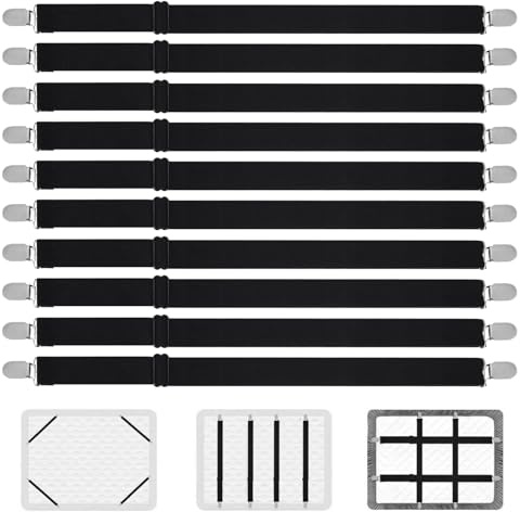 KOXXIAMOQ 10 Stück Bettlakenspanner Verstellbar, bis 130cm Elastische Betttuchspanner mit Clips, Spanner für Bettlaken Spanngurte, Spannbettlaken Halter für Sofa Bügelbrett Matratzenspanner(Schwarz)