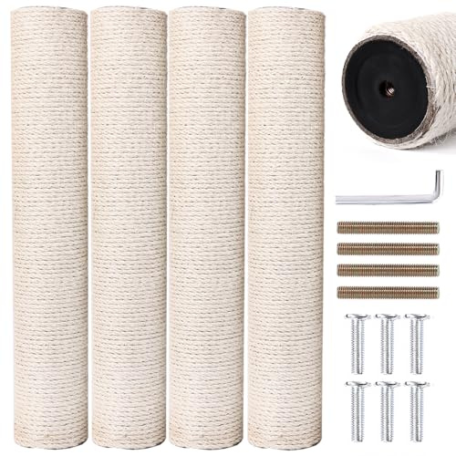OSPNIEEK 4 Pack 15.7 M8 Cat Scratching Post Replacement, Natural Sisal Rope Kitten Tree Scratcher Refill with Screws, DIY Hemp Scratch Pole Parts for Indoor Cats Tower Refurbishment Accessories