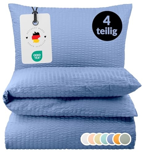 Carpe Sonno Seersucker Bettwäsche 135x200 cm 2er-Pack Baumwolle – Blau | Kühlende Sommerbettwäsche mit Reißverschluss, bügelfrei | Deckenbezug + Kissenbezug 80x80 | ganzjährig, pflegeleicht