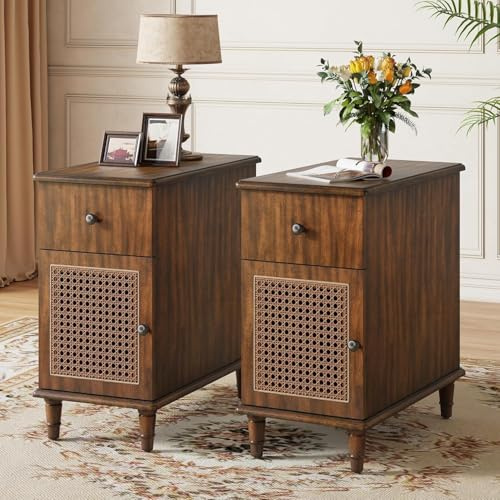 PADMA HOUSE Nachttisch Schmal, Beistelltisch mit 1 Schubladen und 1 Schrank, Telefontisch Schmal, Sofatisch für Schlafzimmer, Wohnzimmer (Nussbaum 2er)