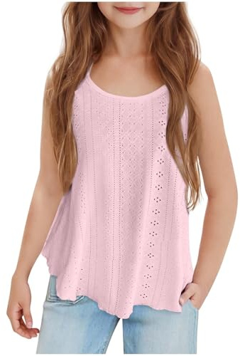duxyoz Mädchen-Camisole Tank-Top, fließende Ösen, ärmellos, Sommerweste, lockere Passform, einfarbig, lässig, einfarbig, Spaghettiträger, leichtes Schößchen, 5–15 Jahre, 01 Rosa, 9-10 Jahre