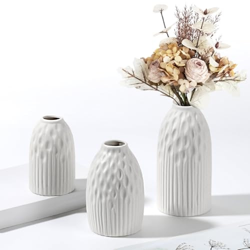 GMISUN Weiße Vase Keramik, 3er Vasen Set, Boho Deko Vasen mit Streifen und Polka-Dot, Blumenvase Modern für Deko Wohnzimmer, Tischdeko, Vase Herbst